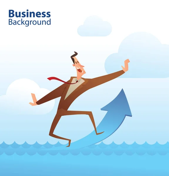 Business background, homme d'affaires drôle sur une flèche bleue — Image vectorielle