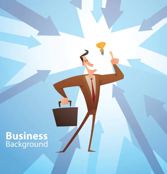 Business background, homme d'affaires drôle avec une ampoule — Image vectorielle