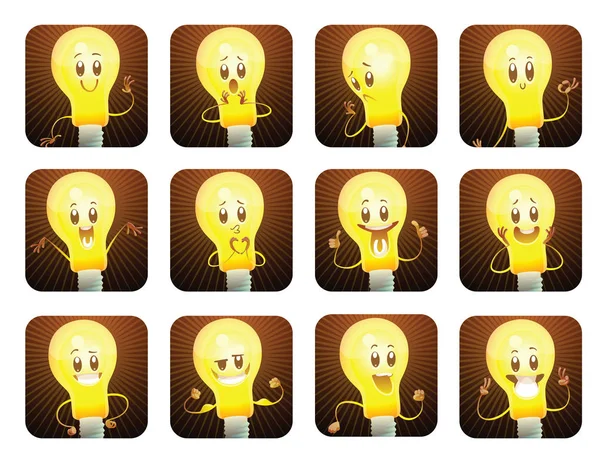 Set di dodici cornici quadrate con divertenti lampadine gialle — Vettoriale Stock
