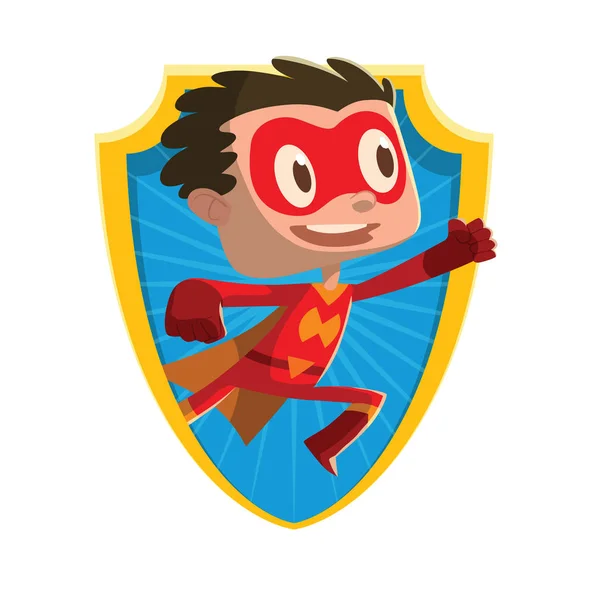 Ram, rolig liten pojke i en röd superhjälte kostym — Stock vektor