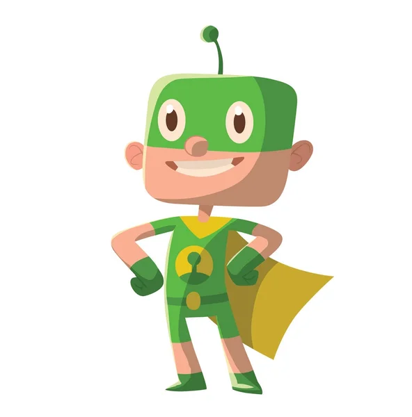 Funny little boy in a green superhero costume — Stock Vector