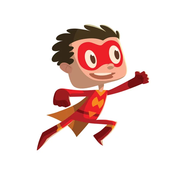 Rolig liten pojke i en röd superhjälte kostym — Stock vektor