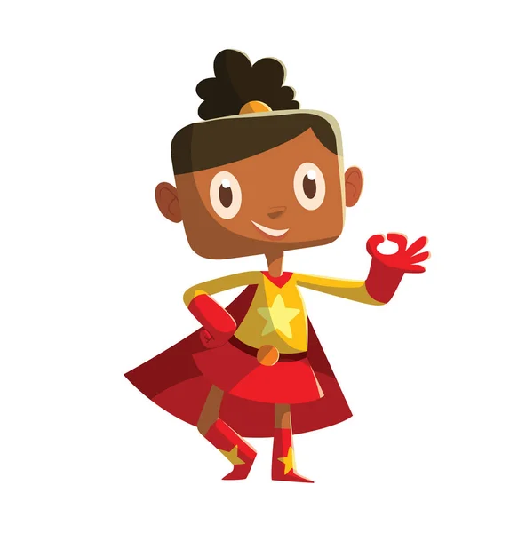 Gadis kecil lucu dengan kostum superhero kuning-merah - Stok Vektor