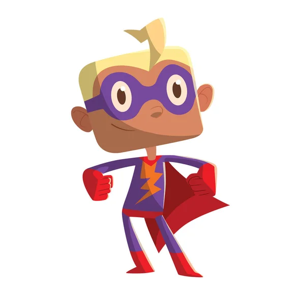 Divertente ragazzino in un costume da supereroe viola — Vettoriale Stock