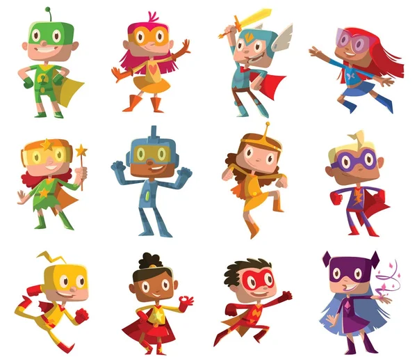 Uppsättning av tolv roliga barn i superhjälte dräkter — Stock vektor