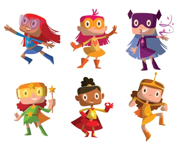 Zbiór zabawne dziewczyny w superbohatera kostiumy — Wektor stockowy