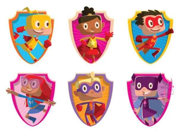 Zestaw sześciu klatek z śmieszne dzieci w superbohatera kostiumy — Wektor stockowy