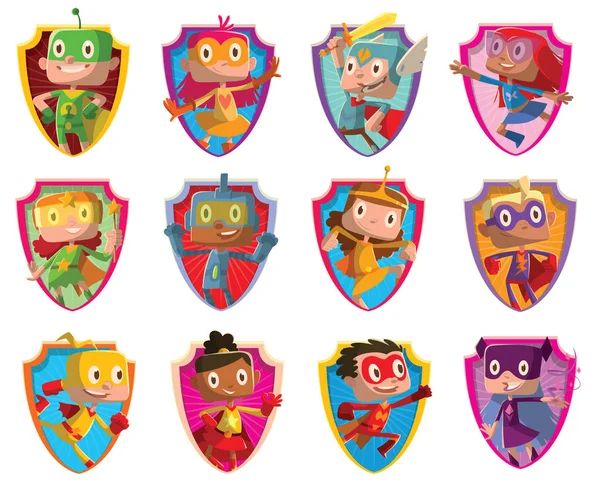 Conjunto de doce cuadros con niños divertidos en trajes de superhéroes — Vector de stock