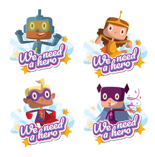 Ensemble d'emblèmes avec quatre enfants drôles en costumes de super-héros — Image vectorielle