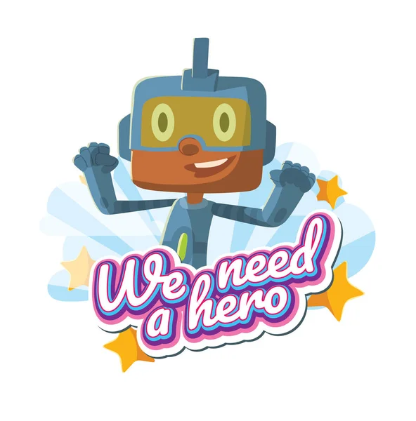 Emblem, lustiger kleiner Junge im blauen Roboter-Superheldenkostüm — Stockvektor