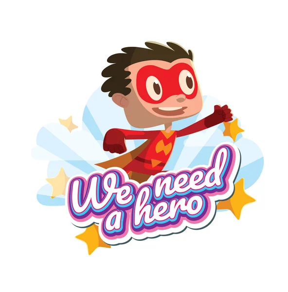 Emblem, rolig liten pojke i en röd superhjälte kostym — Stock vektor
