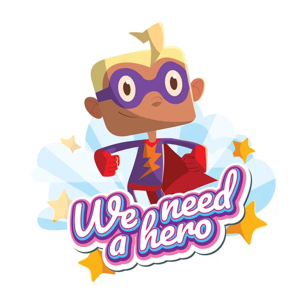Emblem, rolig liten pojke i en lila superhjälte kostym — Stock vektor