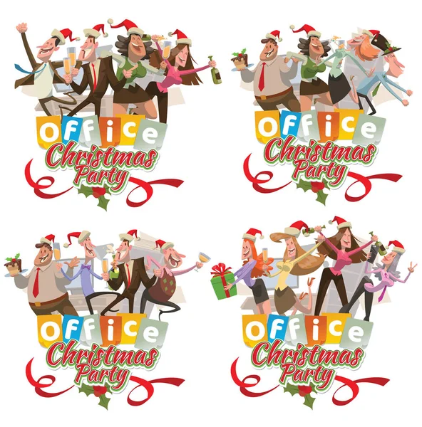 Conjunto de oficina cuatro emblemas "Fiesta de Navidad", hombres y mujeres — Vector de stock