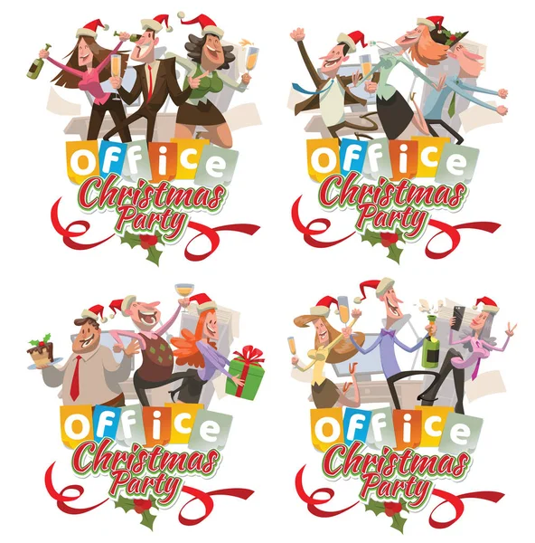 Conjunto de emblemas de oficina "Fiesta de Navidad" con hombres y mujeres — Vector de stock