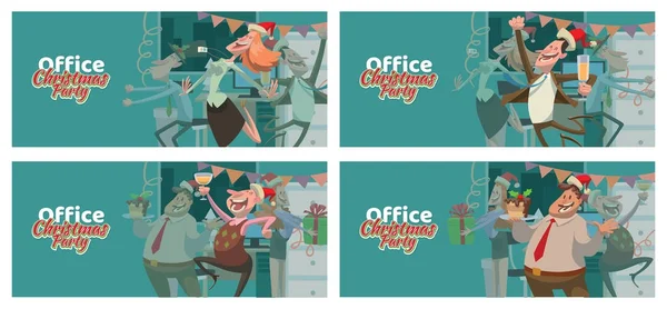 Uppsättning av fyra kort ”Office julfest”, kvinnor och män — Stock vektor
