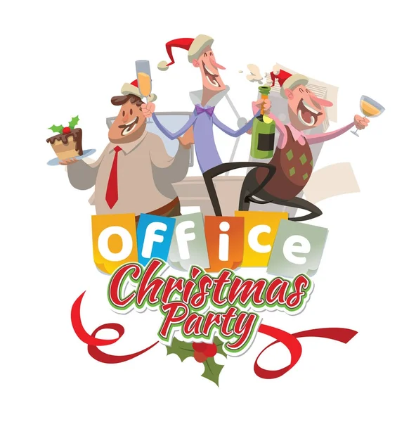 Γραφείο έμβλημα «Χριστουγεννιάτικη γιορτή» με τρεις άντρες χαμογελαστά — Διανυσματικό Αρχείο