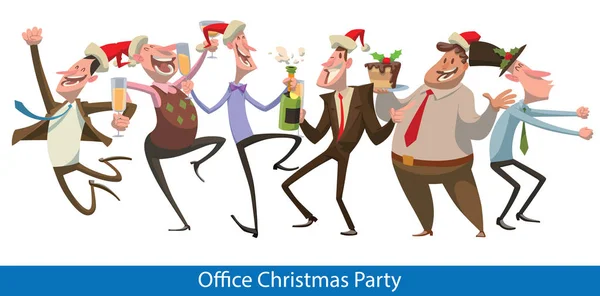 Oficina fiesta de Navidad con seis hombres bailando — Vector de stock