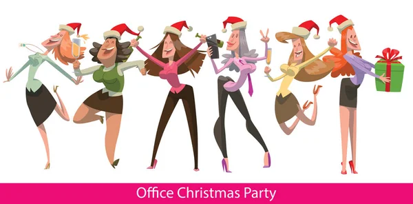 Büro-Weihnachtsfeier mit sechs tanzenden Frauen — Stockvektor