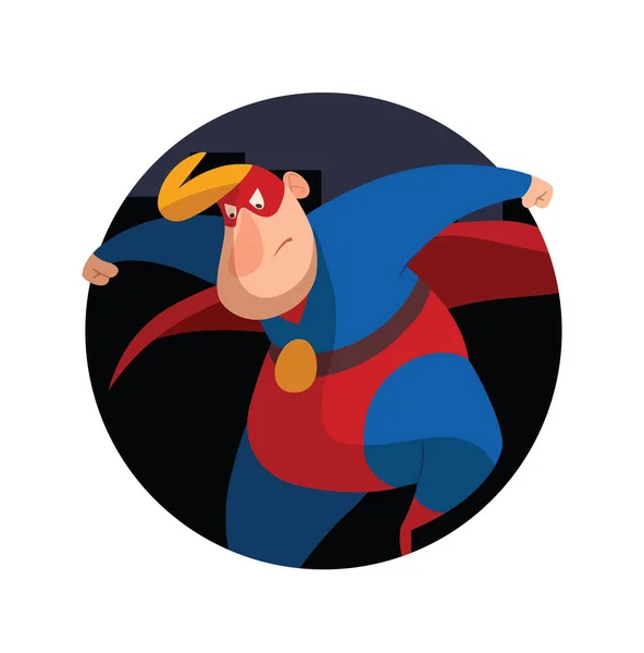 Marco redondo, superhéroe gordo divertido saltando resueltamente — Archivo Imágenes Vectoriales