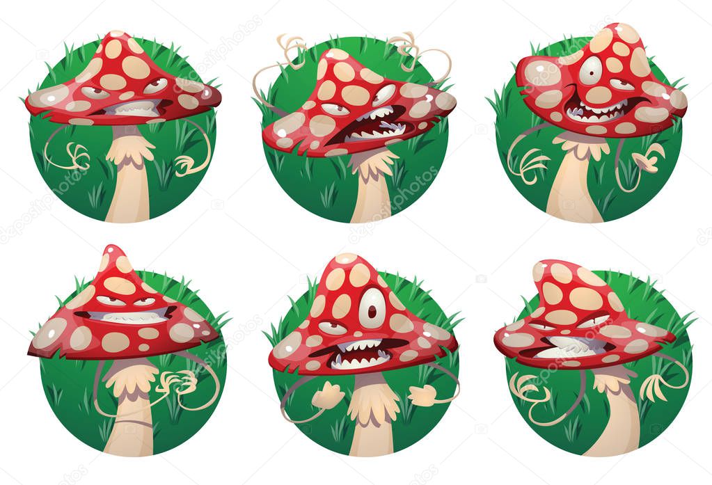 Set of grassy frames with funny evil amanita-mushrooms 