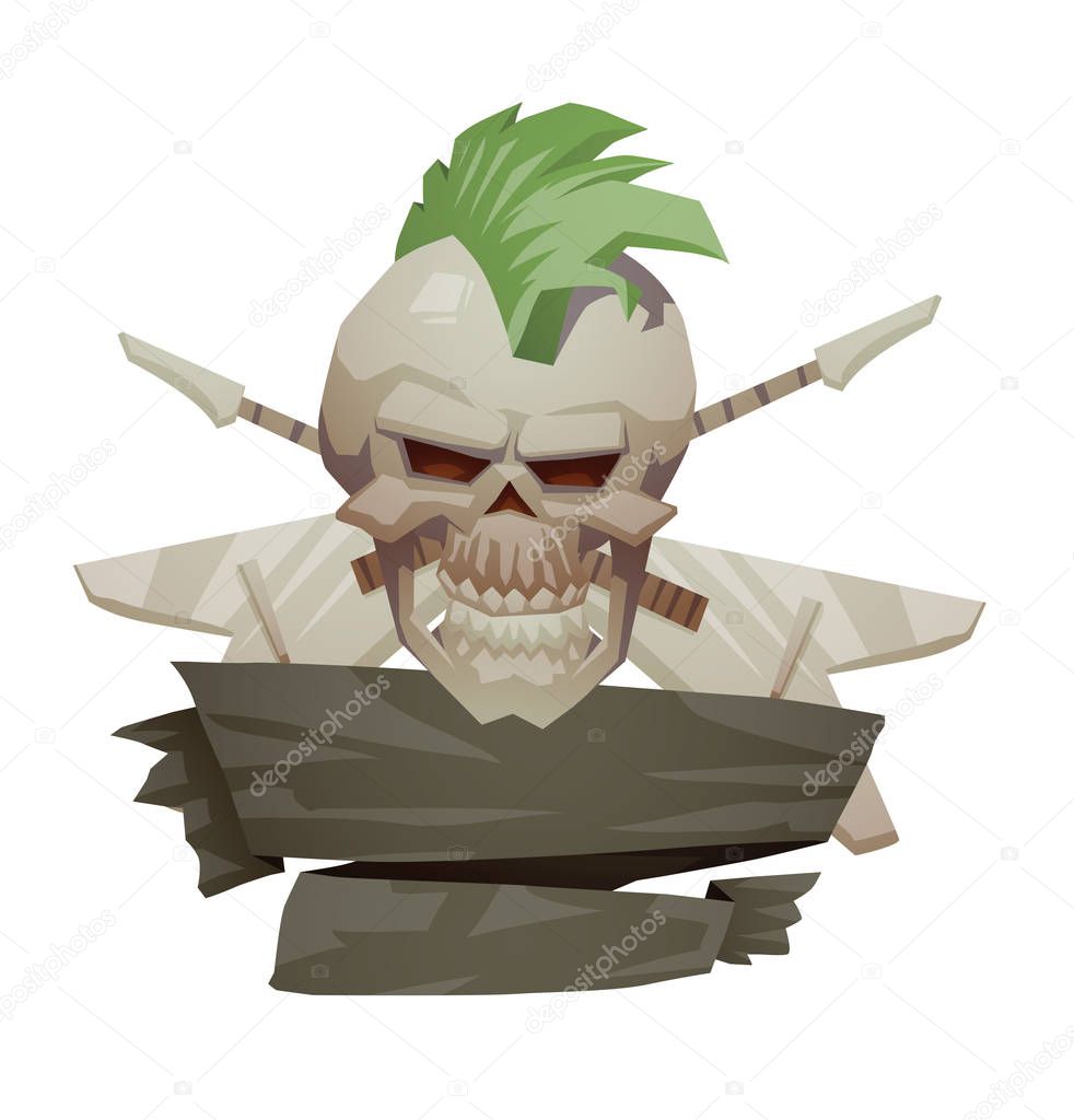 Emblem, human skull with a green mohawk