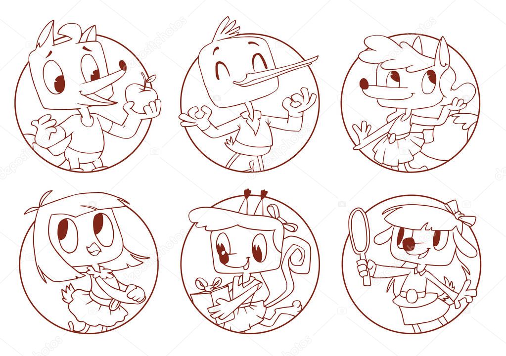 Set of round frames with funny animals, line art
