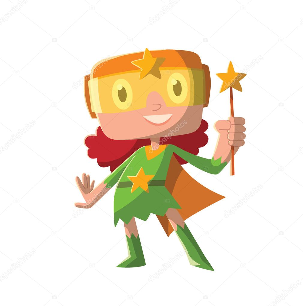 Funny little girl in a green superhero costume