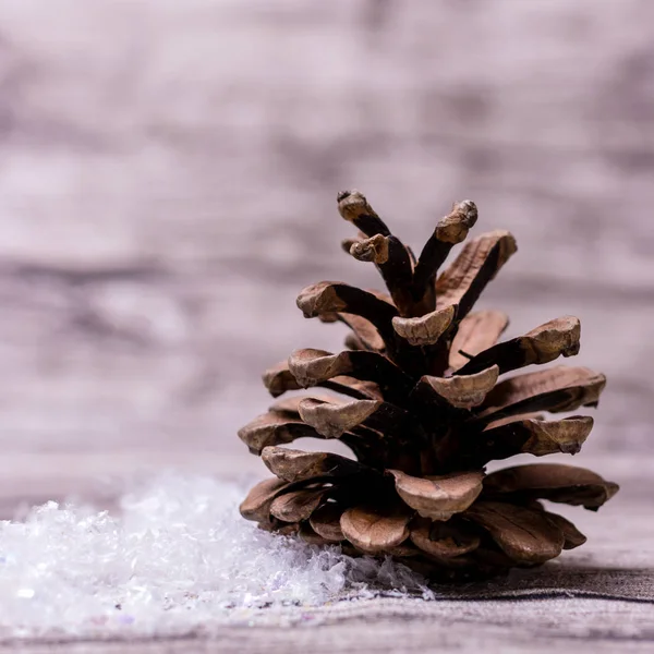 Vintage pine cone with snow on wooden with copy space