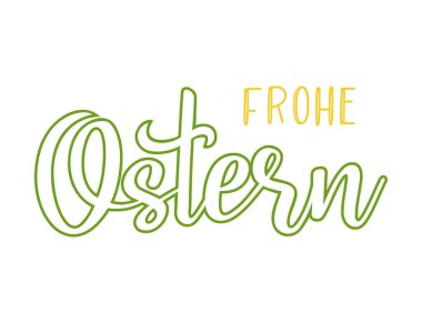 El yazısı Frohe Ostern Almanca metni logoti, rozet ve ikon olarak çizdi, çevrilmiş Mutlu Paskalyalar. Kartpostal, kart, davetiye, poster, etiket, etiket, pankart tipografisi için çizilmiş harfler.