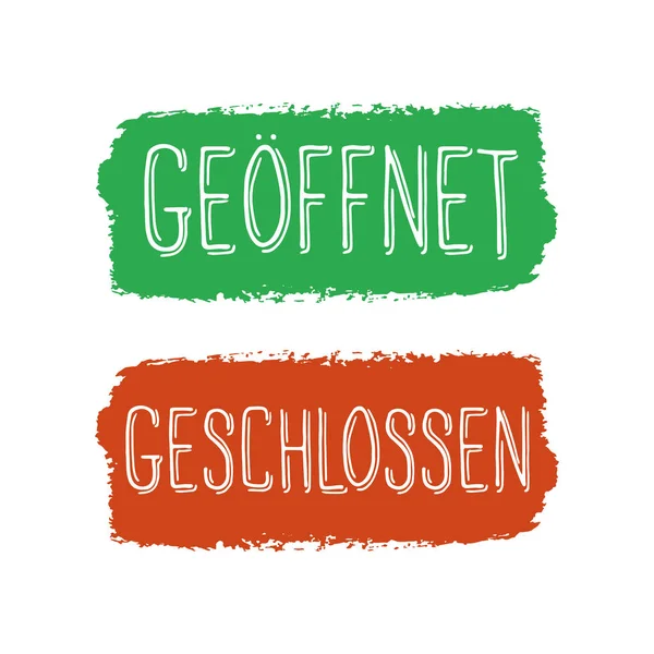 Ручний ескіз Geschlossen Geoeffnet цитує німецькою мовою. Відкритий переклад. Посилання на плакат, картку, флаєр, рекламу, банер, підпис — стоковий вектор