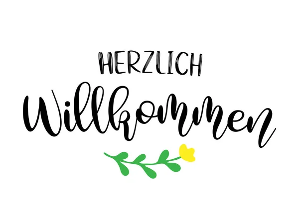 Handritade Herzlich Wilkommen citat på tyska. Översatt Välkommen. Brev för affisch, flygblad, rubrik, kort, reklam, tillkännagivande. — Stock vektor