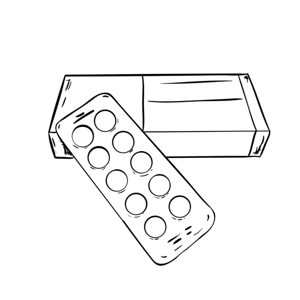 Vázolja fel a doboz és a lemez tabletták — Stock Vector