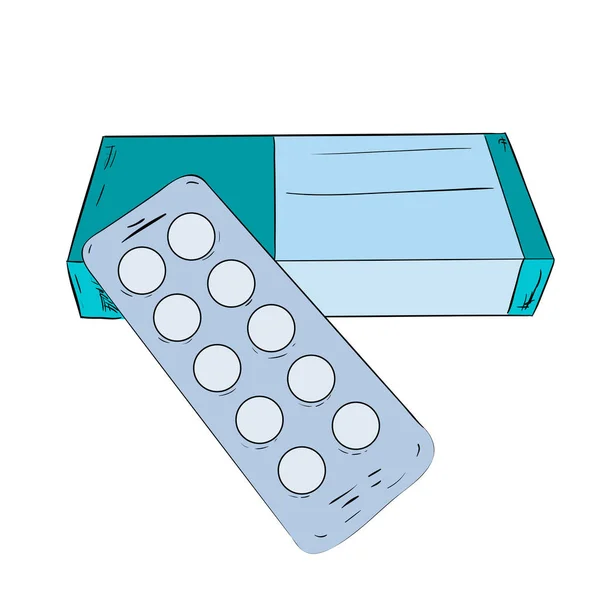 Schachtel und Teller mit Pillen — Stockvektor
