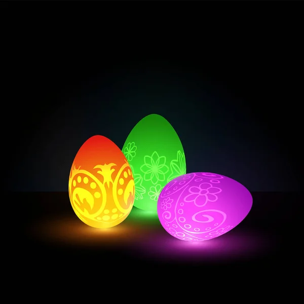 Uova di Pasqua incandescenti con ornamenti al neon — Vettoriale Stock