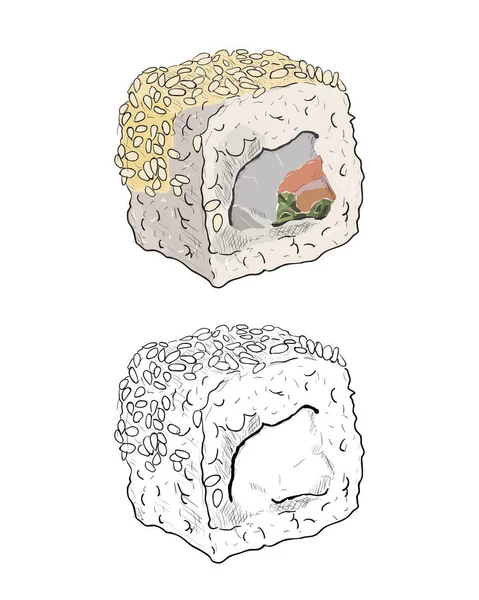 Sushi rolls croquis en couleur — Image vectorielle