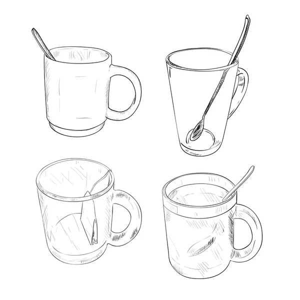 Esquisse ensemble de tasses avec cuillères — Image vectorielle