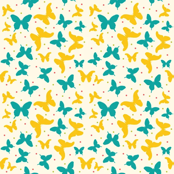 シームレスなカラフルなパターン フラット蝶とドットのベクトルの背景 スクラップブッ キングのパターン壁紙メンフィス スタイル — ストックベクタ