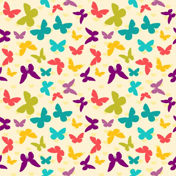 シームレスなカラフルなパターン フラット蝶と心ベクトルの背景 スクラップブッ キングのパターン壁紙メンフィス スタイル — ストックベクタ