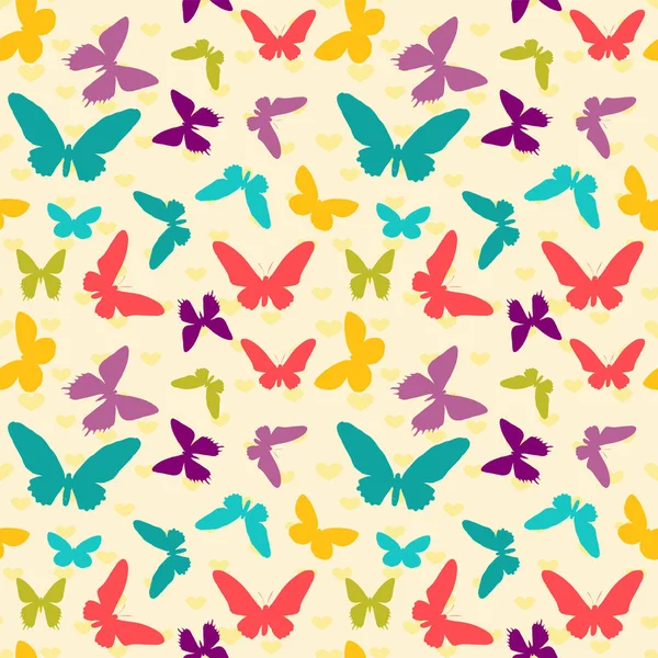 シームレスなカラフルなパターン フラット蝶と心ベクトルの背景 スクラップブッ キングのパターン壁紙メンフィス スタイル — ストックベクタ