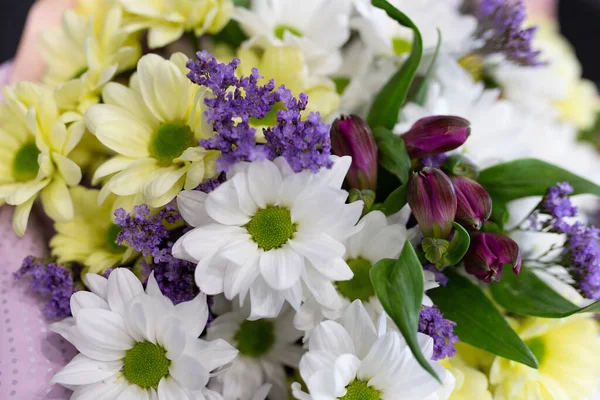 Fröhlicher Bunter Strauß Farben Weiß Gelb Grün Lila Chrysanthemen Alstroemerien — Stockfoto