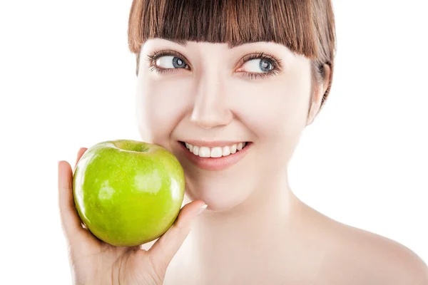 Belle femme avec pomme verte . — Photo