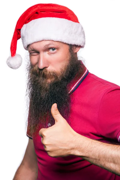Happy bearded happy man with red hat and t-shirt, studio shot. isolated on white background. — Stockfoto