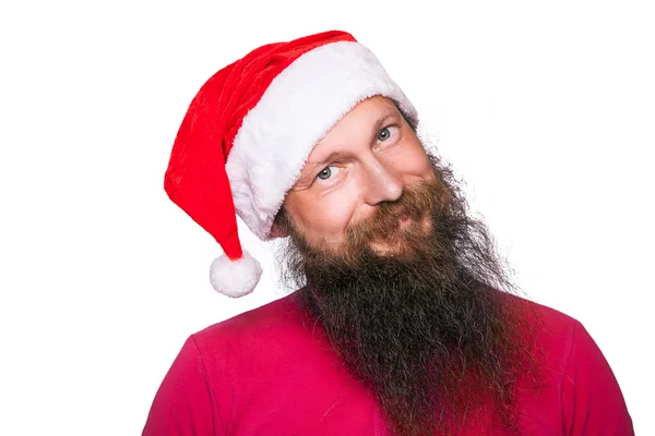 Happy bearded happy man with red hat and t-shirt, studio shot. isolated on white background. — Stock Photo, Image