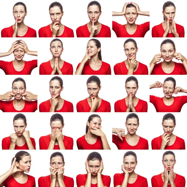 Mosaik av kvinna med fräknar som uttrycker olika känslor uttryck. Kvinnan med röd t-shirt med 16 olika känslor. isolerade på vit bakgrund. Studio skott. — Stockfoto