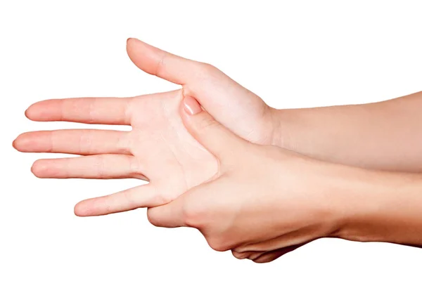 Vista de cerca de una joven con dolor en la mano . — Foto de Stock