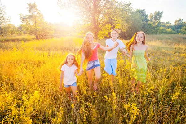 Чотири щасливі красиві діти бігають, граючи разом у прекрасний літній день. стрибає і дивиться на камеру з щастям і зубною посмішкою . — стокове фото