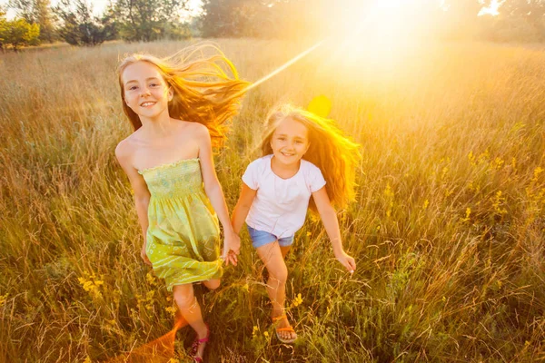 Dos hermosas hermanas corriendo en el césped en el parque natural al aire libre en el verano. Libertad y despreocupación. Feliz infancia. . —  Fotos de Stock