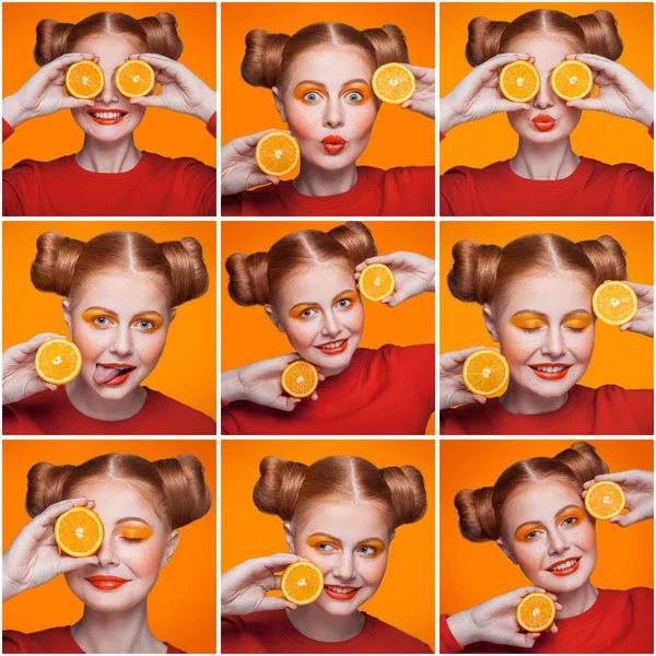 Mosaico de mujer con naranja y maquillaje y peinado expresando diferentes emociones. La mujer con camiseta roja sosteniendo naranja en sus manos con diferentes emociones sobre fondo naranja. plano de estudio — Foto de Stock