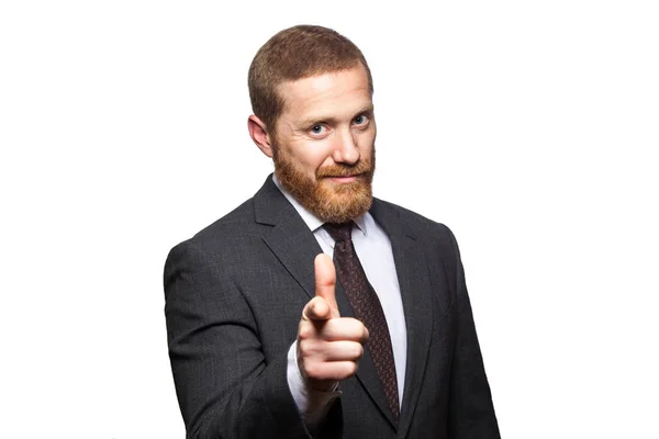 Serious handsome businessman pointing finger to you. studio shot, isolated on white — Stock Photo, Image