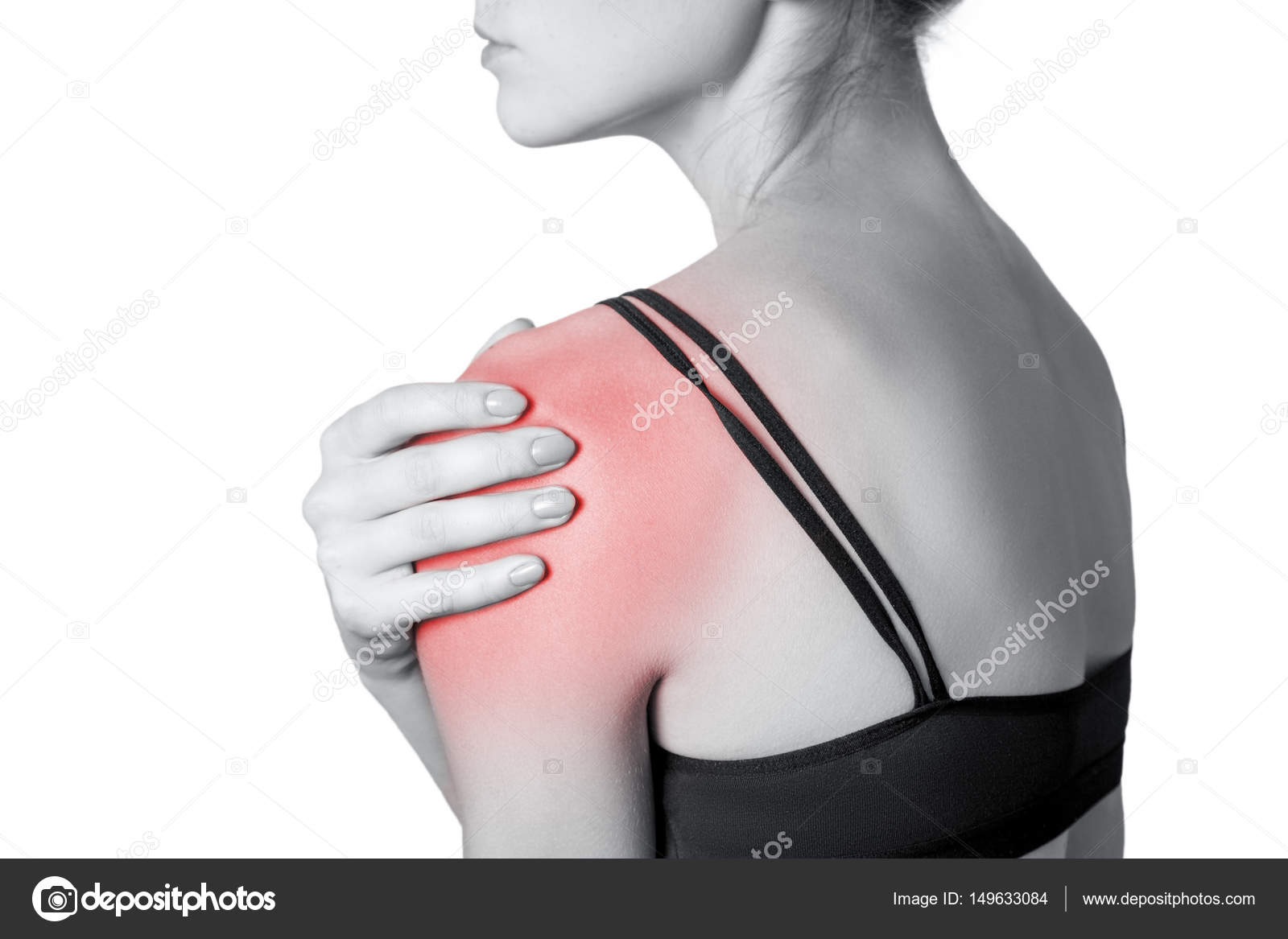 Young woman with pain on her arm and shoulder. isolated on white background.  Black and white photo with red dot Stock Photo by ©khosrork 149633084